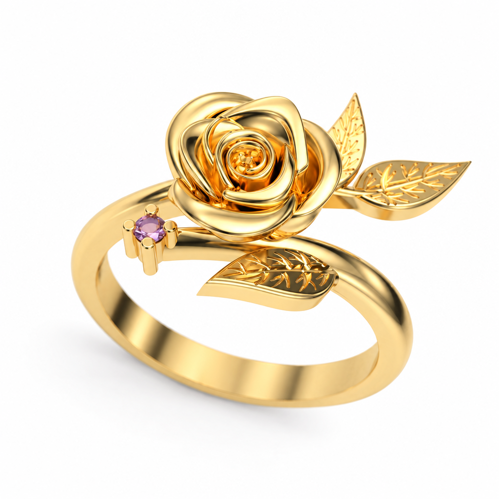 Anel em Tom Dourado com Rosa, Folhas e Pedra Lilás - 15